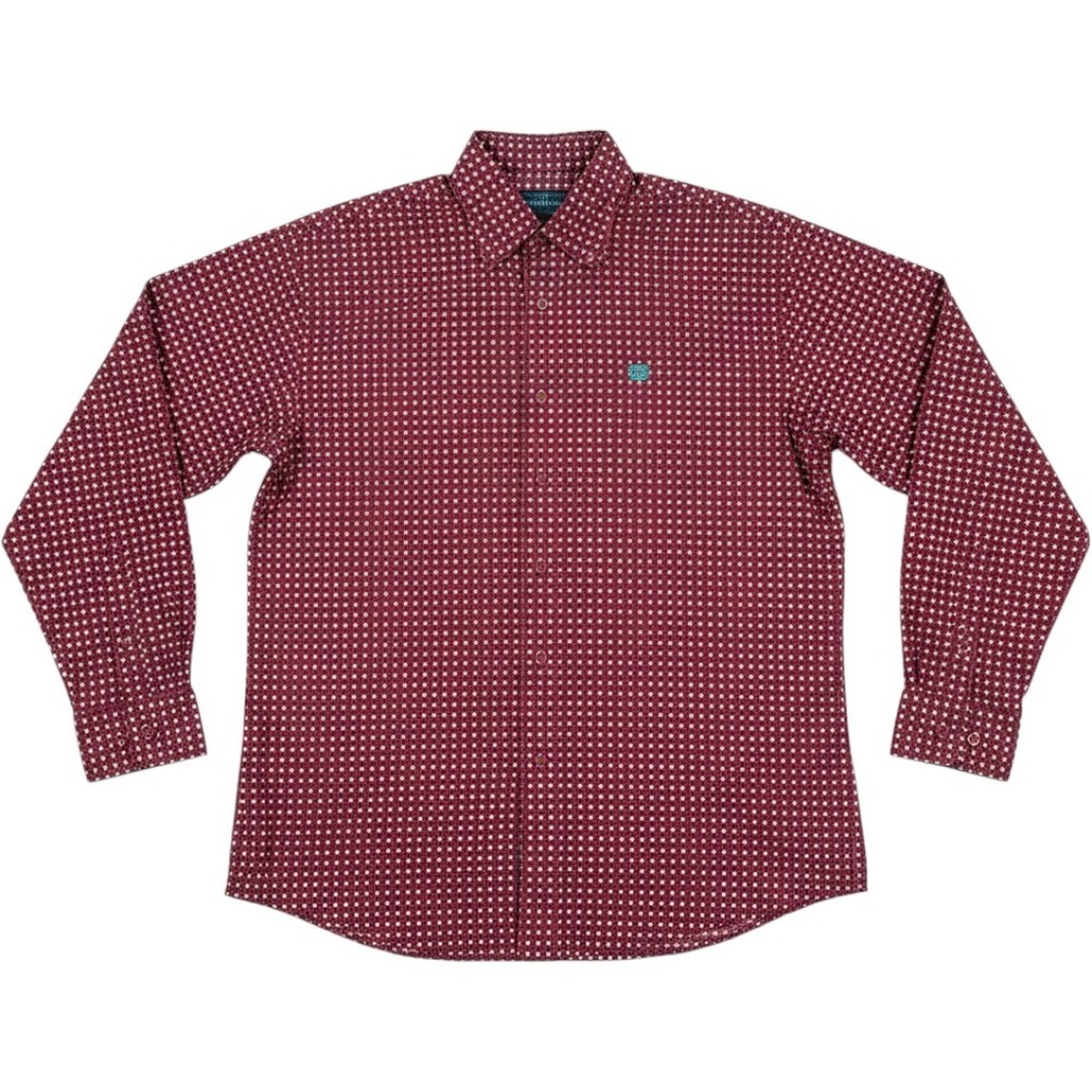Cinch Mens XS Burgundy Geometric Diamond Print Long Sleeve Button Down Shirt